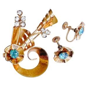 Mid Century Gold Tone Brooch Earrings Set Aqua Glass Rhinestone Floral 1940s